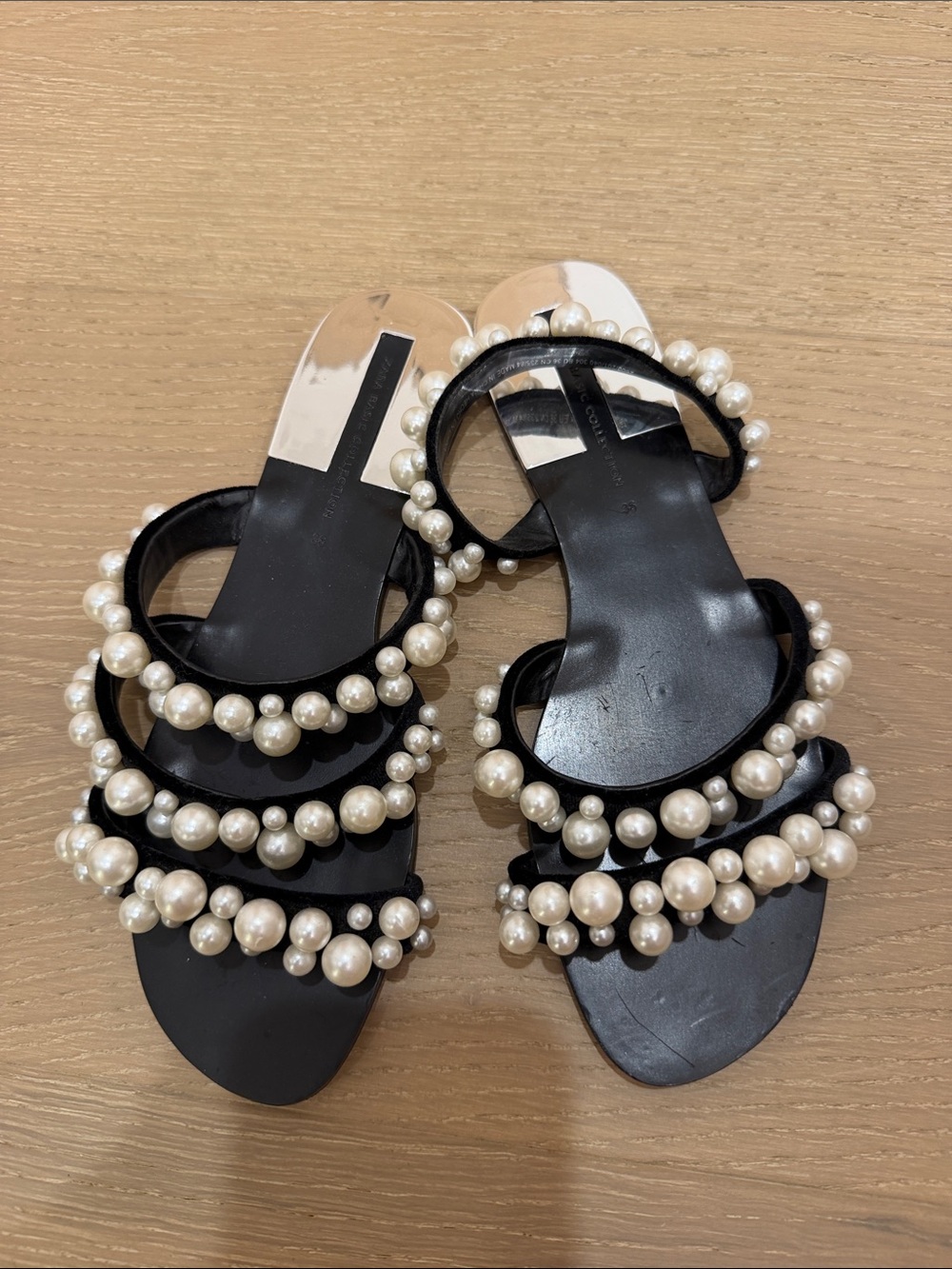 Zara Black Slide Sandals with Pearl Straps